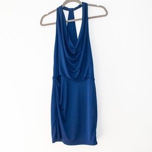 BCBG Maxazria Drape Neck Y Back Mini Dress  Blue Depth XS